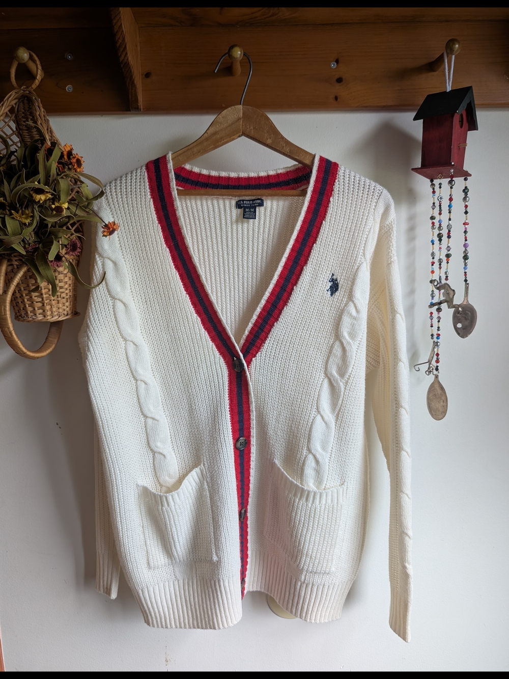 Polo by Ralph Lauren Cream Cable Knit Cardigan with Red & Navy Trim